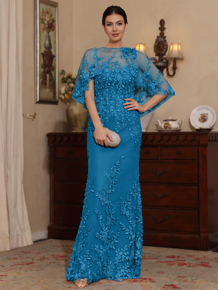 Deux Pièces Gaine/Colonne Scoop Dentelle Robes Mère de La Mariée avec Cape Perles Manches Courtes