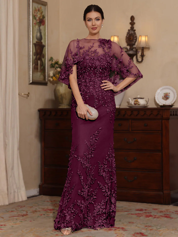 Deux Pièces Gaine/Colonne Scoop Dentelle Robes Mère de La Mariée avec Cape Perles Manches Courtes
