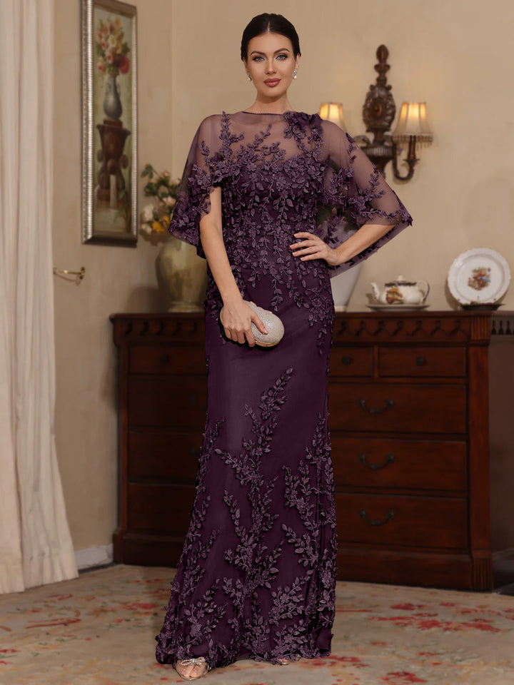 Deux Pièces Gaine/Colonne Scoop Dentelle Robes Mère de La Mariée avec Cape Perles Manches Courtes