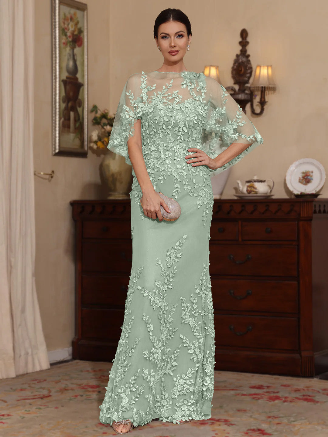 Deux Pièces Gaine/Colonne Scoop Dentelle Robes Mère de La Mariée avec Cape Perles Manches Courtes