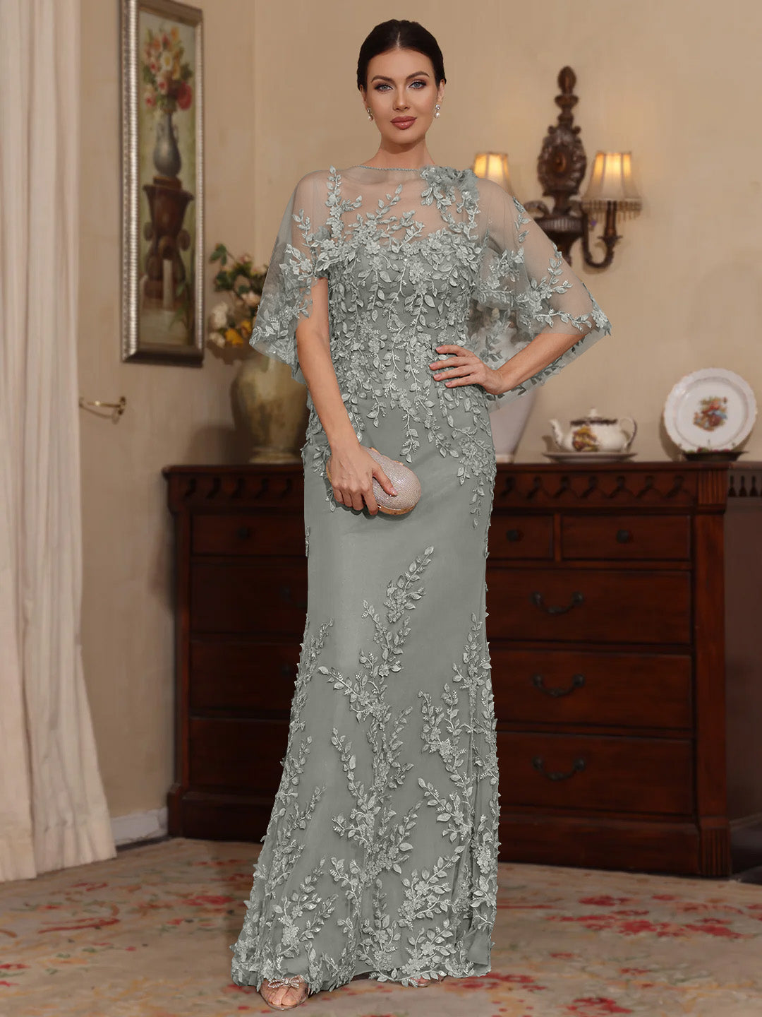 Deux Pièces Gaine/Colonne Scoop Dentelle Robes Mère de La Mariée avec Cape Perles Manches Courtes