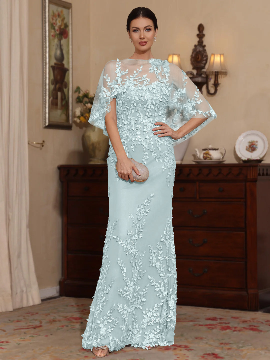 Deux Pièces Gaine/Colonne Scoop Dentelle Robes Mère de La Mariée avec Cape Perles Manches Courtes