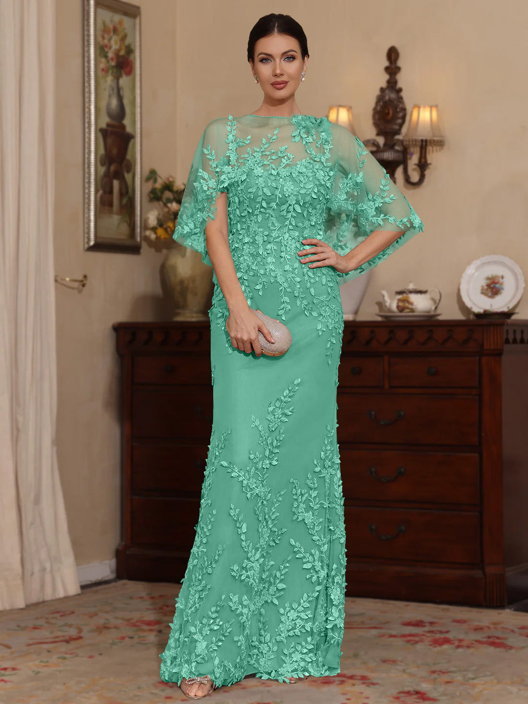 Deux Pièces Gaine/Colonne Scoop Dentelle Robes Mère de La Mariée avec Cape Perles Manches Courtes