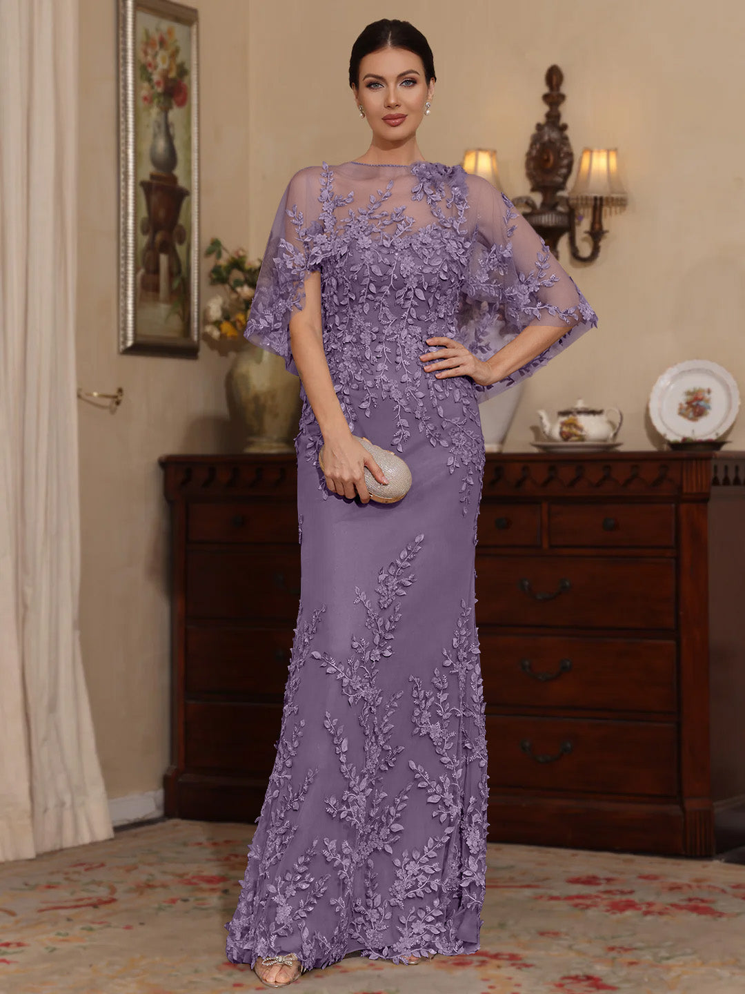 Deux Pièces Gaine/Colonne Scoop Dentelle Robes Mère de La Mariée avec Cape Perles Manches Courtes