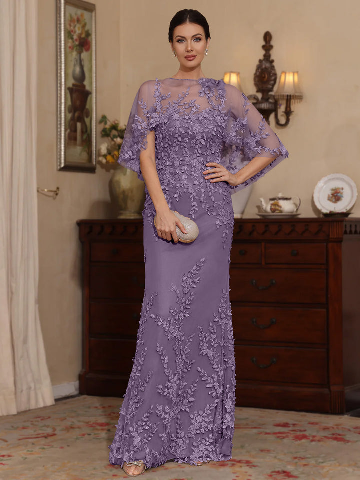 Deux Pièces Gaine/Colonne Scoop Dentelle Robes Mère de La Mariée avec Cape Perles Manches Courtes