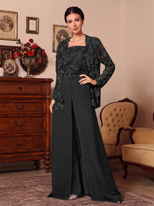 Ensemble pantalon 3 pièces mère de la mariée mousseline col carré, veste, surjupe, dentelle, manches longues, longueur sol