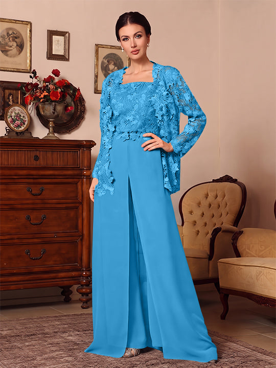 Ensemble pantalon 3 pièces mère de la mariée mousseline col carré, veste, surjupe, dentelle, manches longues, longueur sol