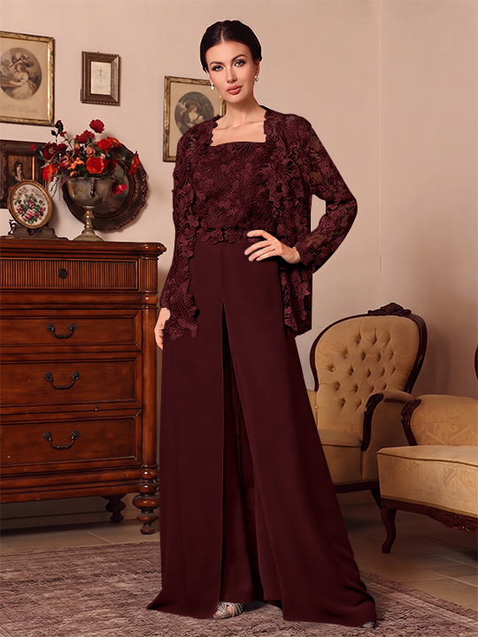 Ensemble pantalon 3 pièces mère de la mariée mousseline col carré, veste, surjupe, dentelle, manches longues, longueur sol
