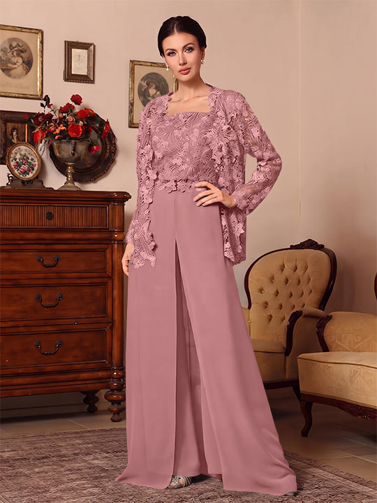 Ensemble pantalon 3 pièces mère de la mariée mousseline col carré, veste, surjupe, dentelle, manches longues, longueur sol