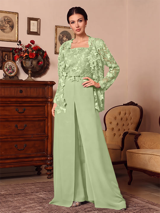 Ensemble pantalon 3 pièces mère de la mariée mousseline col carré, veste, surjupe, dentelle, manches longues, longueur sol