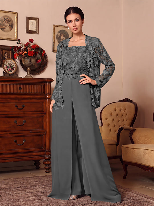 Ensemble pantalon 3 pièces mère de la mariée mousseline col carré, veste, surjupe, dentelle, manches longues, longueur sol