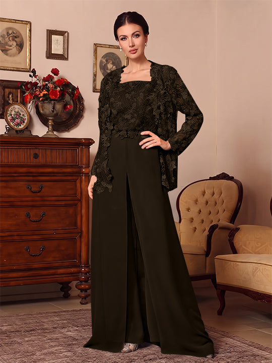 Ensemble pantalon 3 pièces mère de la mariée mousseline col carré, veste, surjupe, dentelle, manches longues, longueur sol