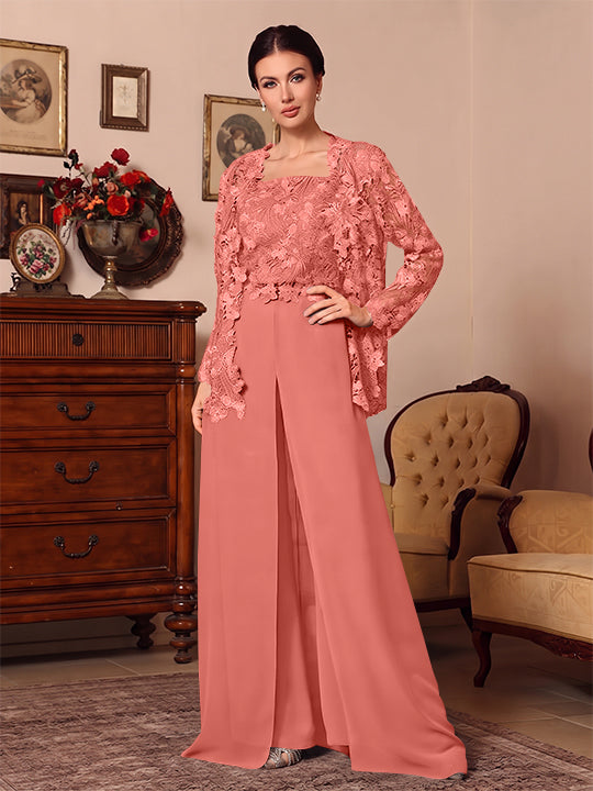 Ensemble pantalon 3 pièces mère de la mariée mousseline col carré, veste, surjupe, dentelle, manches longues, longueur sol