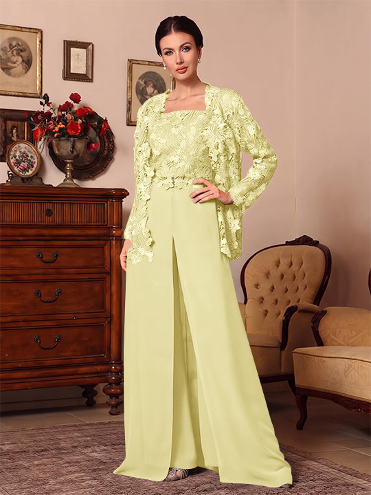 Ensemble pantalon 3 pièces mère de la mariée mousseline col carré, veste, surjupe, dentelle, manches longues, longueur sol