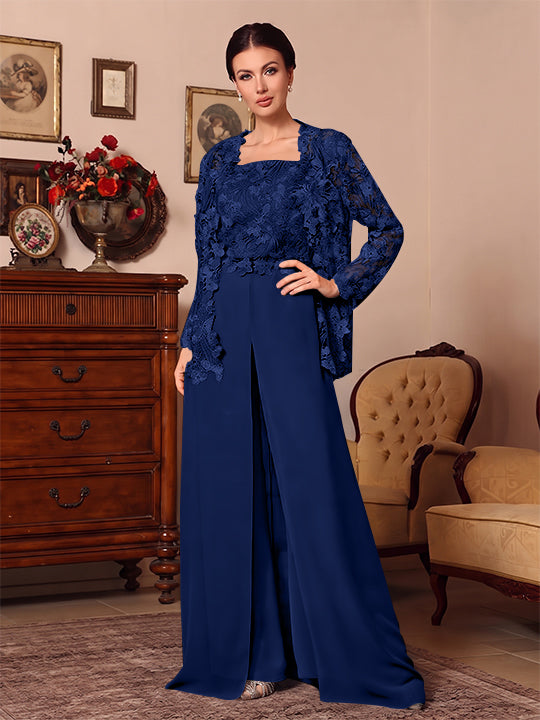 Ensemble pantalon 3 pièces mère de la mariée mousseline col carré, veste, surjupe, dentelle, manches longues, longueur sol