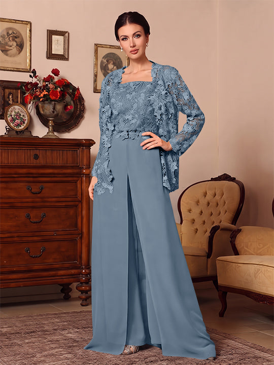 Ensemble pantalon 3 pièces mère de la mariée mousseline col carré, veste, surjupe, dentelle, manches longues, longueur sol