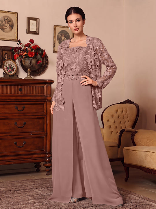 Ensemble pantalon 3 pièces mère de la mariée mousseline col carré, veste, surjupe, dentelle, manches longues, longueur sol
