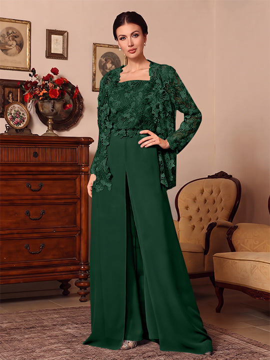 Ensemble pantalon 3 pièces mère de la mariée mousseline col carré, veste, surjupe, dentelle, manches longues, longueur sol