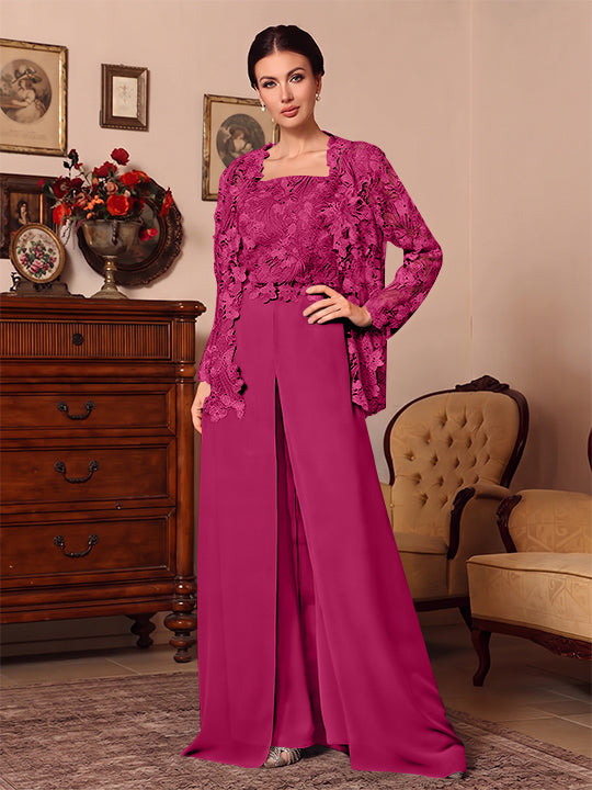 Ensemble pantalon 3 pièces mère de la mariée mousseline col carré, veste, surjupe, dentelle, manches longues, longueur sol