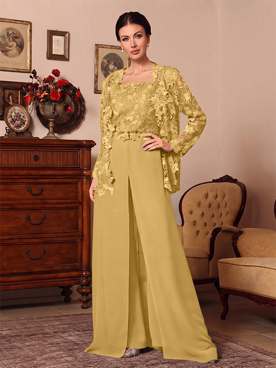 Ensemble pantalon 3 pièces mère de la mariée mousseline col carré, veste, surjupe, dentelle, manches longues, longueur sol