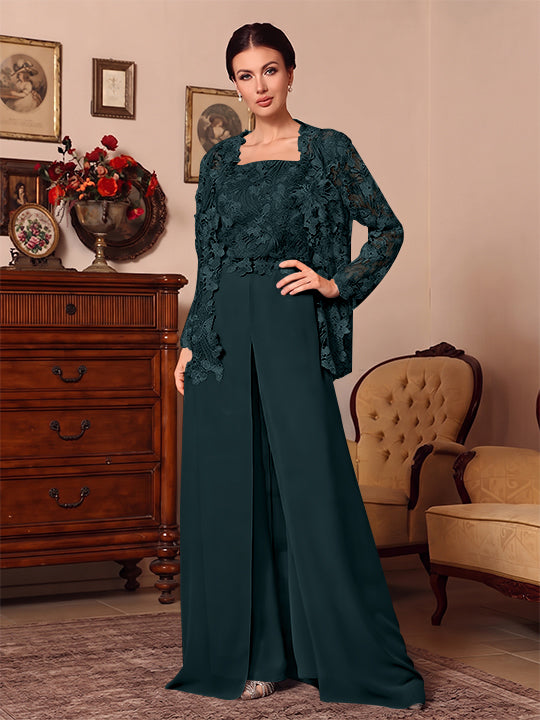 Ensemble pantalon 3 pièces mère de la mariée mousseline col carré, veste, surjupe, dentelle, manches longues, longueur sol