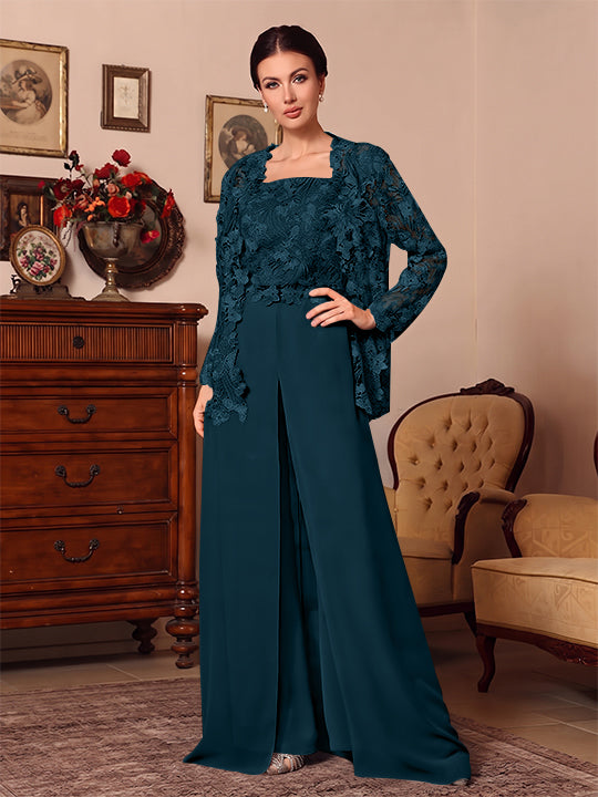 Ensemble pantalon 3 pièces mère de la mariée mousseline col carré, veste, surjupe, dentelle, manches longues, longueur sol