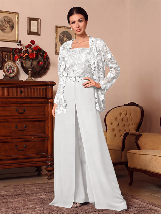 Ensemble pantalon 3 pièces mère de la mariée mousseline col carré, veste, surjupe, dentelle, manches longues, longueur sol