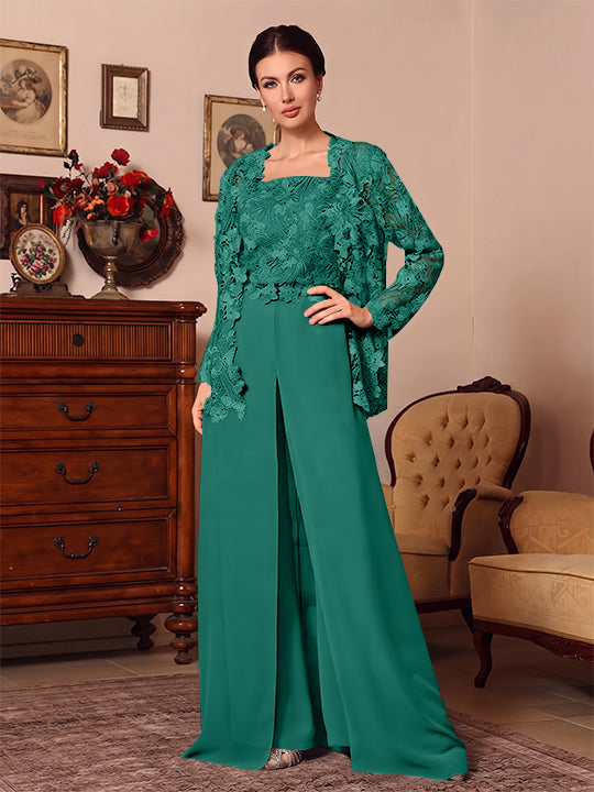 Ensemble pantalon 3 pièces mère de la mariée mousseline col carré, veste, surjupe, dentelle, manches longues, longueur sol
