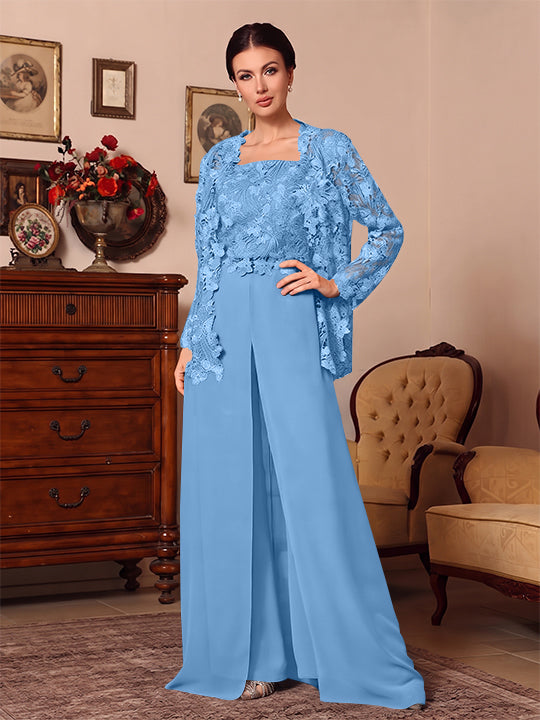 Ensemble pantalon 3 pièces mère de la mariée mousseline col carré, veste, surjupe, dentelle, manches longues, longueur sol