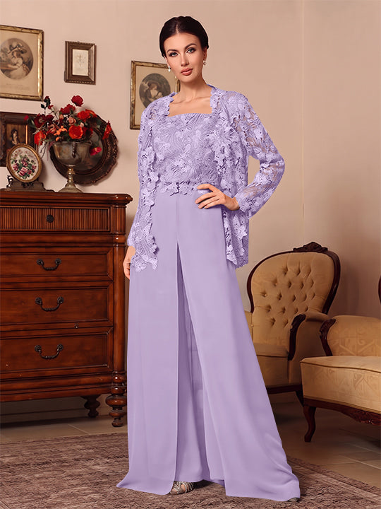 Ensemble pantalon 3 pièces mère de la mariée mousseline col carré, veste, surjupe, dentelle, manches longues, longueur sol