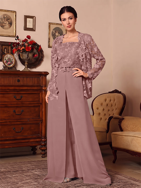 Ensemble pantalon 3 pièces mère de la mariée mousseline col carré, veste, surjupe, dentelle, manches longues, longueur sol