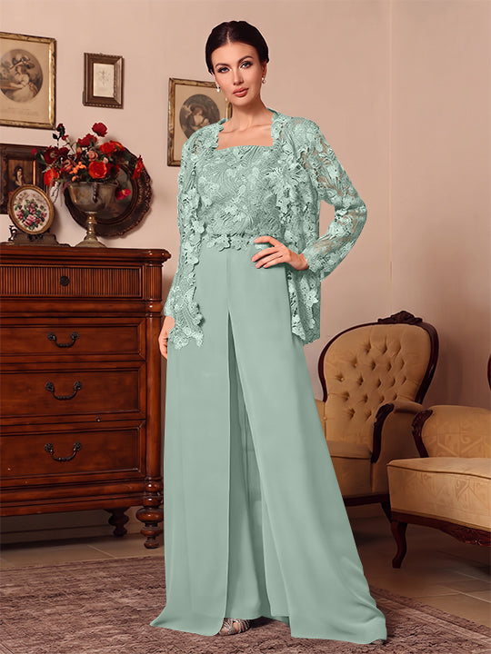 Ensemble pantalon 3 pièces mère de la mariée mousseline col carré, veste, surjupe, dentelle, manches longues, longueur sol