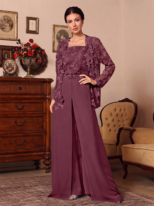 Ensemble pantalon 3 pièces mère de la mariée mousseline col carré, veste, surjupe, dentelle, manches longues, longueur sol