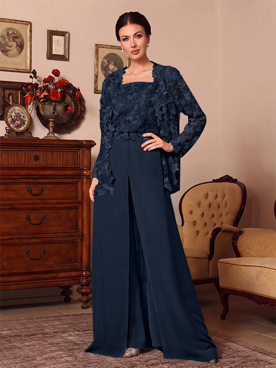 Ensemble pantalon 3 pièces mère de la mariée mousseline col carré, veste, surjupe, dentelle, manches longues, longueur sol