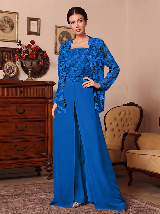 Ensemble pantalon 3 pièces mère de la mariée mousseline col carré, veste, surjupe, dentelle, manches longues, longueur sol