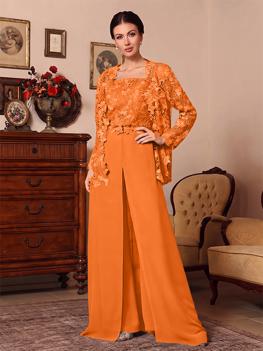 Ensemble pantalon 3 pièces mère de la mariée mousseline col carré, veste, surjupe, dentelle, manches longues, longueur sol