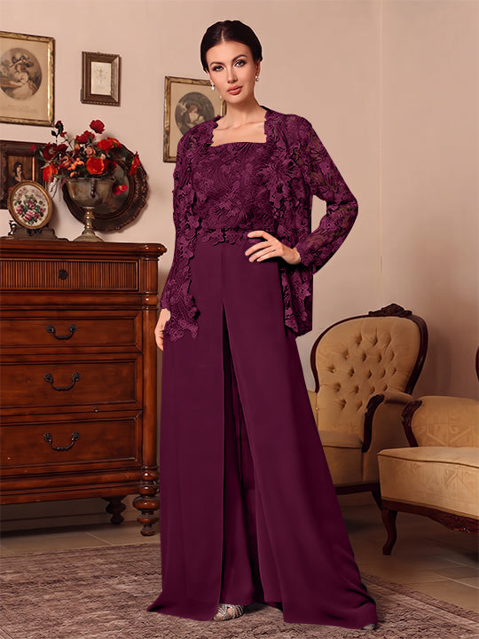 Ensemble pantalon 3 pièces mère de la mariée mousseline col carré, veste, surjupe, dentelle, manches longues, longueur sol