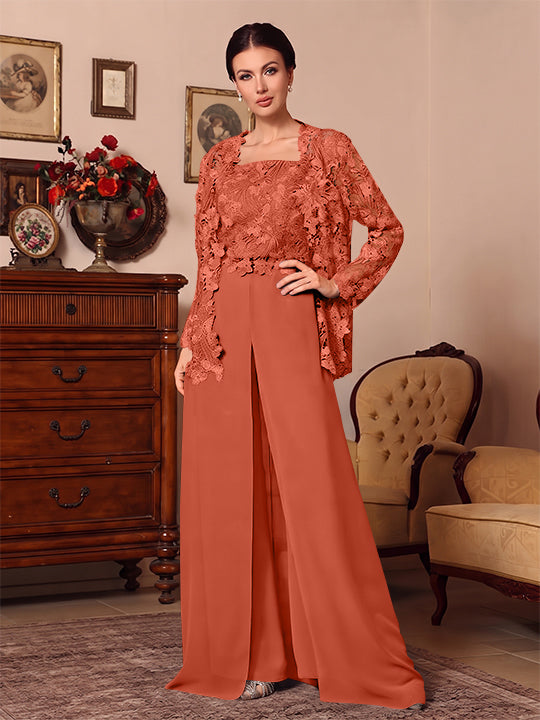 Ensemble pantalon 3 pièces mère de la mariée mousseline col carré, veste, surjupe, dentelle, manches longues, longueur sol