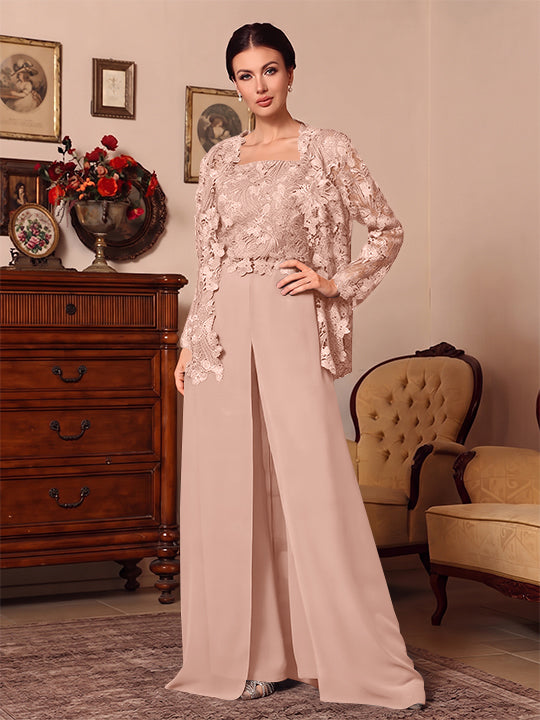 Ensemble pantalon 3 pièces mère de la mariée mousseline col carré, veste, surjupe, dentelle, manches longues, longueur sol
