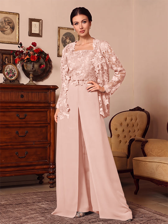 Ensemble pantalon 3 pièces mère de la mariée mousseline col carré, veste, surjupe, dentelle, manches longues, longueur sol