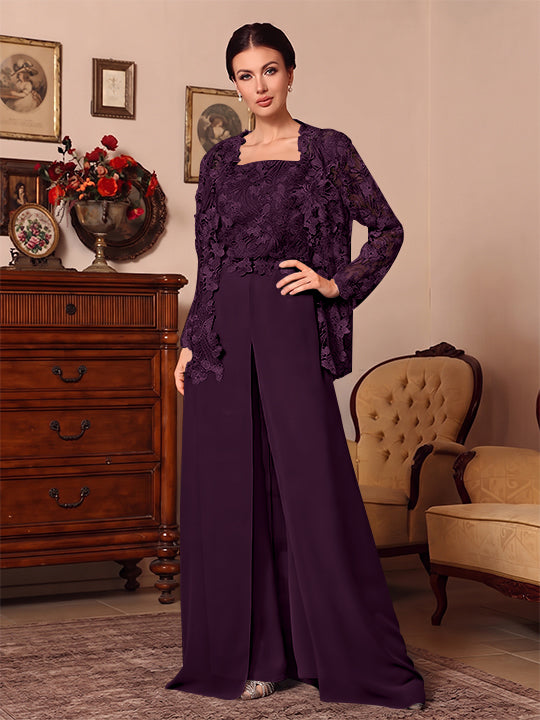 Ensemble pantalon 3 pièces mère de la mariée mousseline col carré, veste, surjupe, dentelle, manches longues, longueur sol