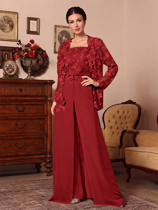 Ensemble pantalon 3 pièces mère de la mariée mousseline col carré, veste, surjupe, dentelle, manches longues, longueur sol