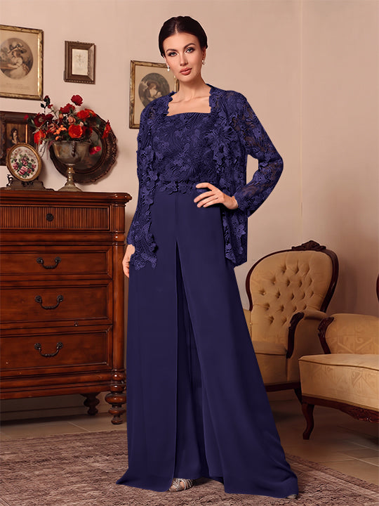 Ensemble pantalon 3 pièces mère de la mariée mousseline col carré, veste, surjupe, dentelle, manches longues, longueur sol