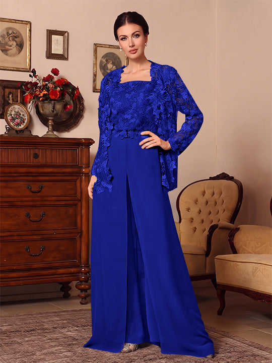 Ensemble pantalon 3 pièces mère de la mariée mousseline col carré, veste, surjupe, dentelle, manches longues, longueur sol