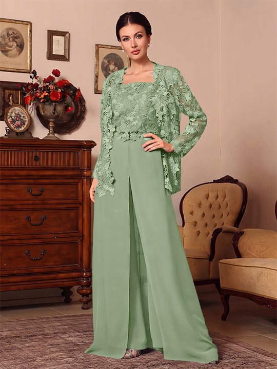 Ensemble pantalon 3 pièces mère de la mariée mousseline col carré, veste, surjupe, dentelle, manches longues, longueur sol