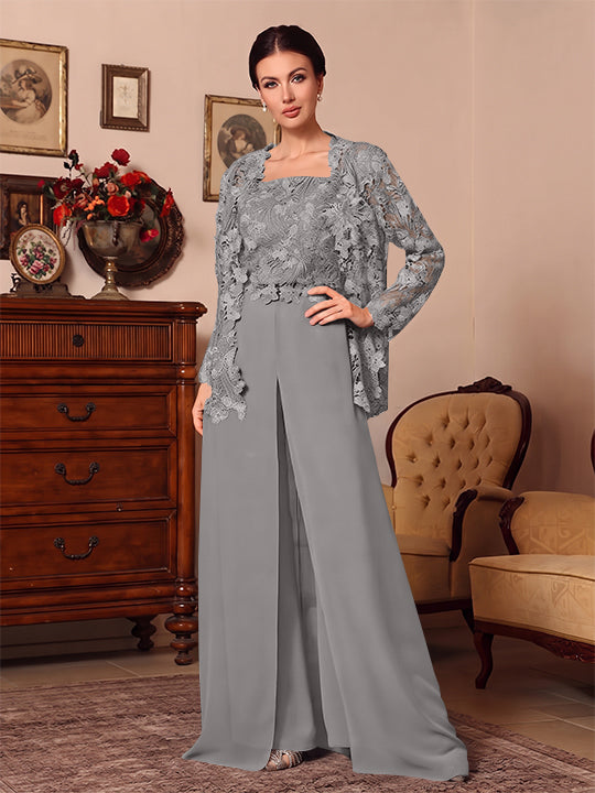 Ensemble pantalon 3 pièces mère de la mariée mousseline col carré, veste, surjupe, dentelle, manches longues, longueur sol