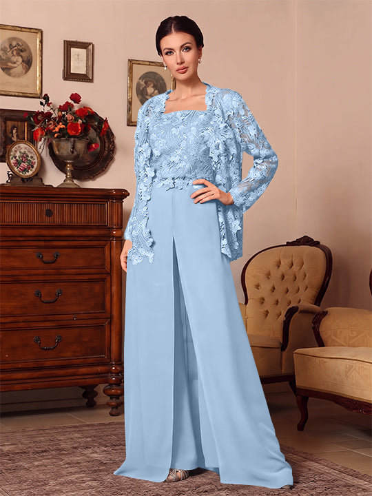 Ensemble pantalon 3 pièces mère de la mariée mousseline col carré, veste, surjupe, dentelle, manches longues, longueur sol