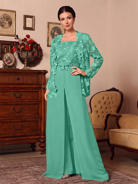 Ensemble pantalon 3 pièces mère de la mariée mousseline col carré, veste, surjupe, dentelle, manches longues, longueur sol