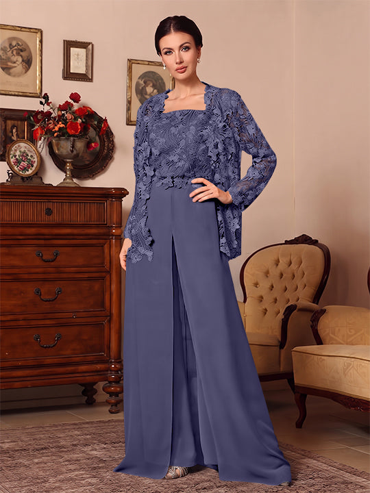 Ensemble pantalon 3 pièces mère de la mariée mousseline col carré, veste, surjupe, dentelle, manches longues, longueur sol