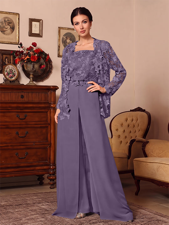Ensemble pantalon 3 pièces mère de la mariée mousseline col carré, veste, surjupe, dentelle, manches longues, longueur sol